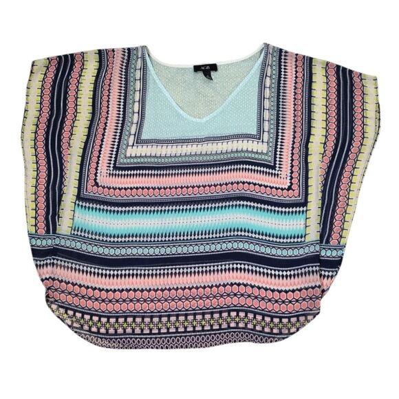 AGB Sheer Blouse Top Meduim Geometric Design Vneck Pink Yellow Green Blue White - Picture 16 of 16